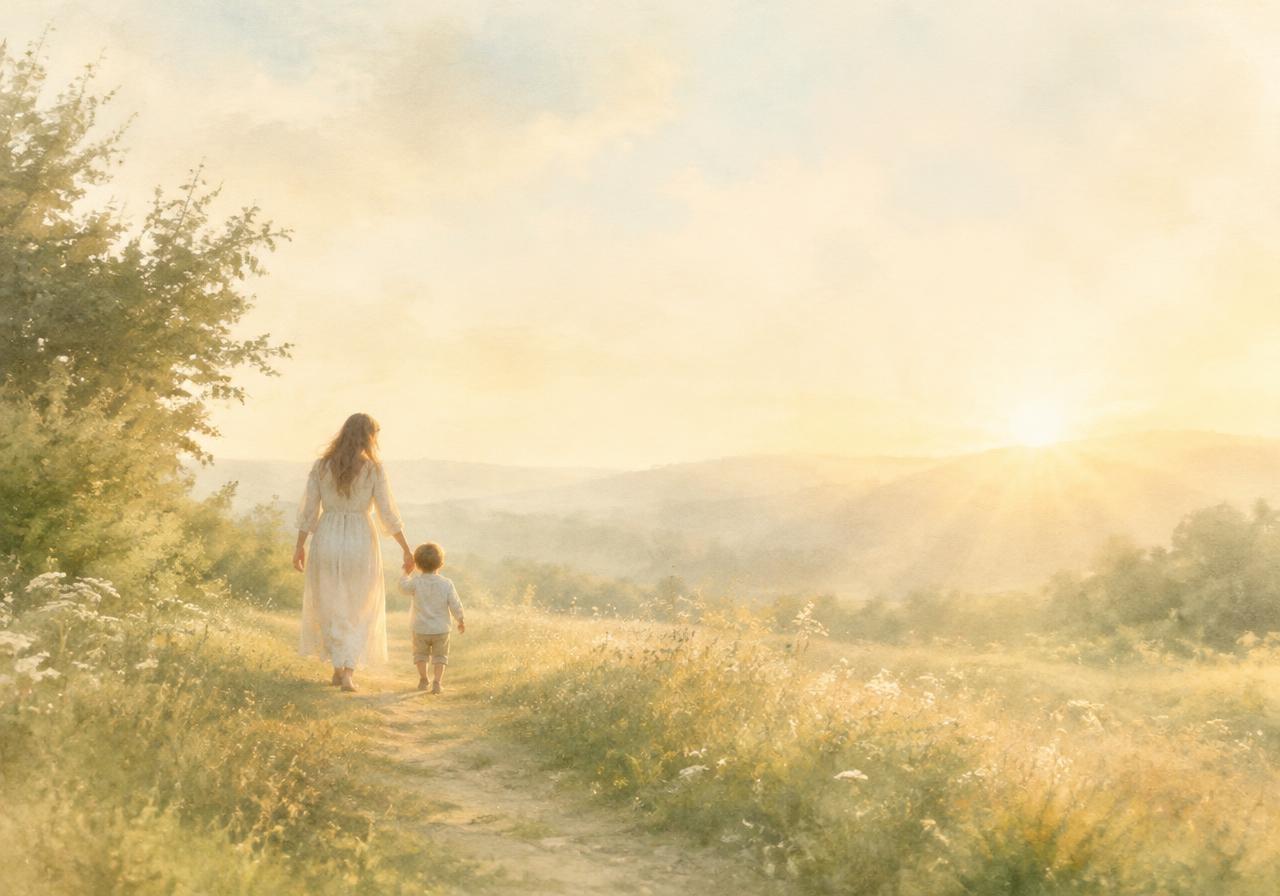 Parent and child walking through a sunlit meadow